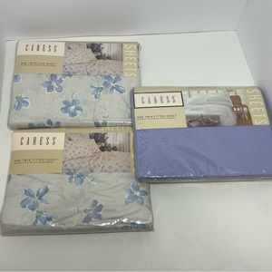 Caress for Mervyn’s Floral & Solid Tan, Blue and Lavender Vintage Twin Sheets